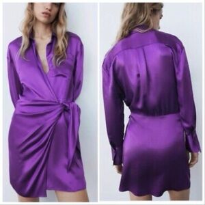 Zara Purple Satin Wrap Shirt Dress